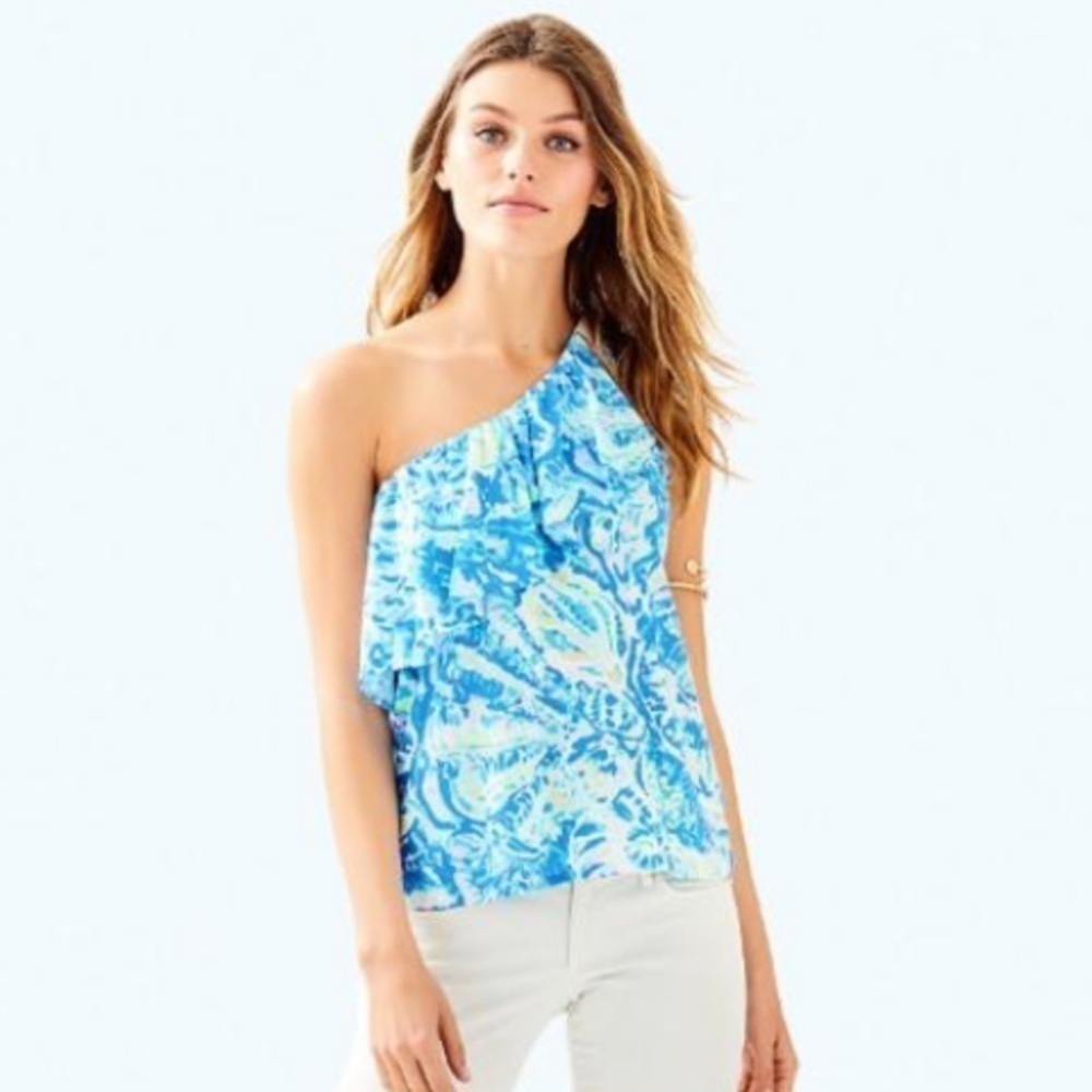 Lilly Pulitzer Matteo One Shoulder Top Blouse Salty Seas Bennet Blue Large T1